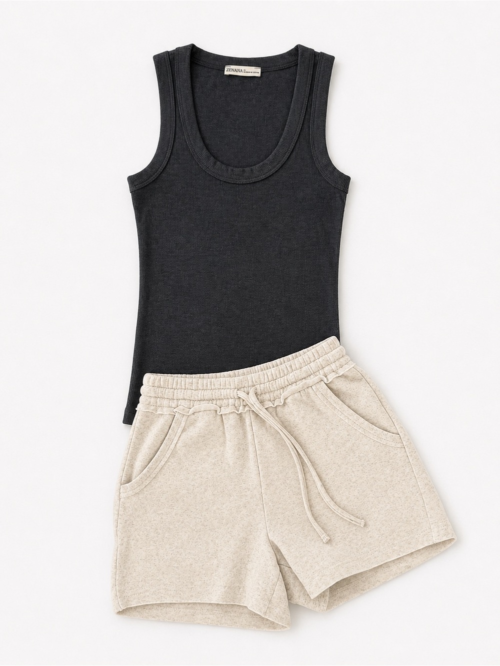 Zenana acid washed Black Rib Tank with fleece oatmeal Drawstring Shorts